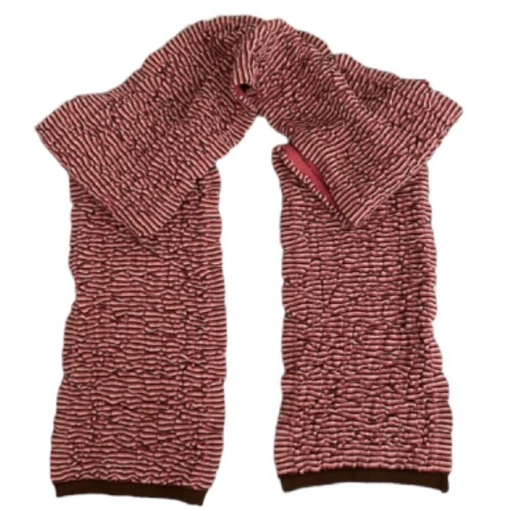 Knit Scarf Wrap Textured Ruffle Pink Brown Striped Winter Snow Warm Cozycore